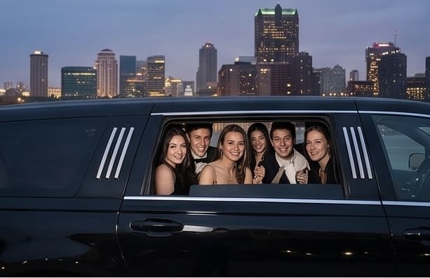 Prom-limo.png A group of six smiling teenagers in formal prom attire looking out of the window of a black luxury limousine with the St. Louis city skyline at night in the background.